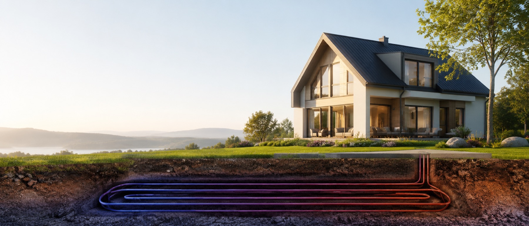 Geothermal ground loop system serving a modern home.